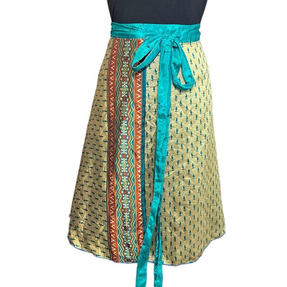 Wevez Wrap Skirt One Size Silk Blend Gold Teal Maroon Boho Womens Tie Waist Midi - Picture 1 of 10